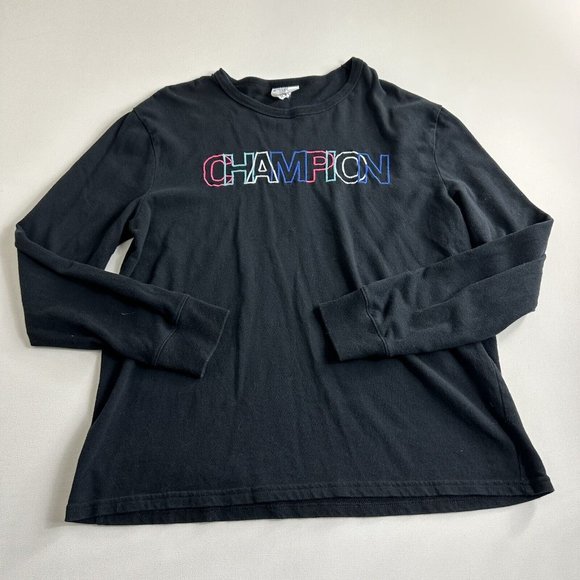 Vintage Champion Light Sweatshirt Large Black Blue Pink Embroidered‎ Spell Out - Picture 1 of 8